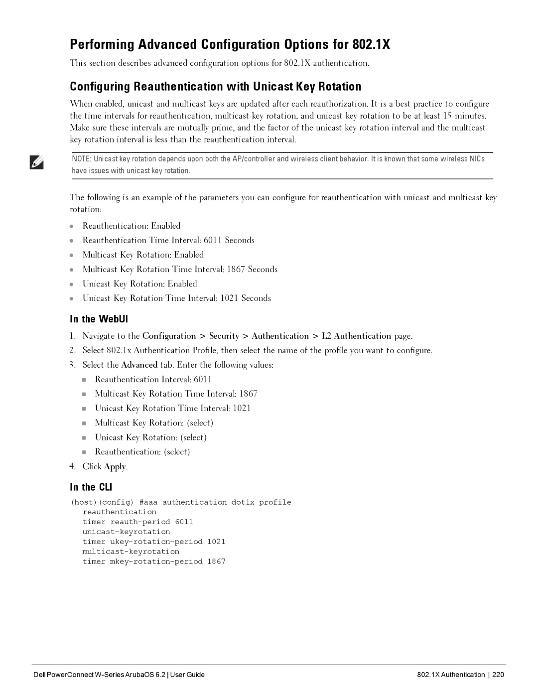 Dell 6.2 manual Performing Advanced Configuration Options for, Configuring Reauthentication with Unicast Key Rotation 