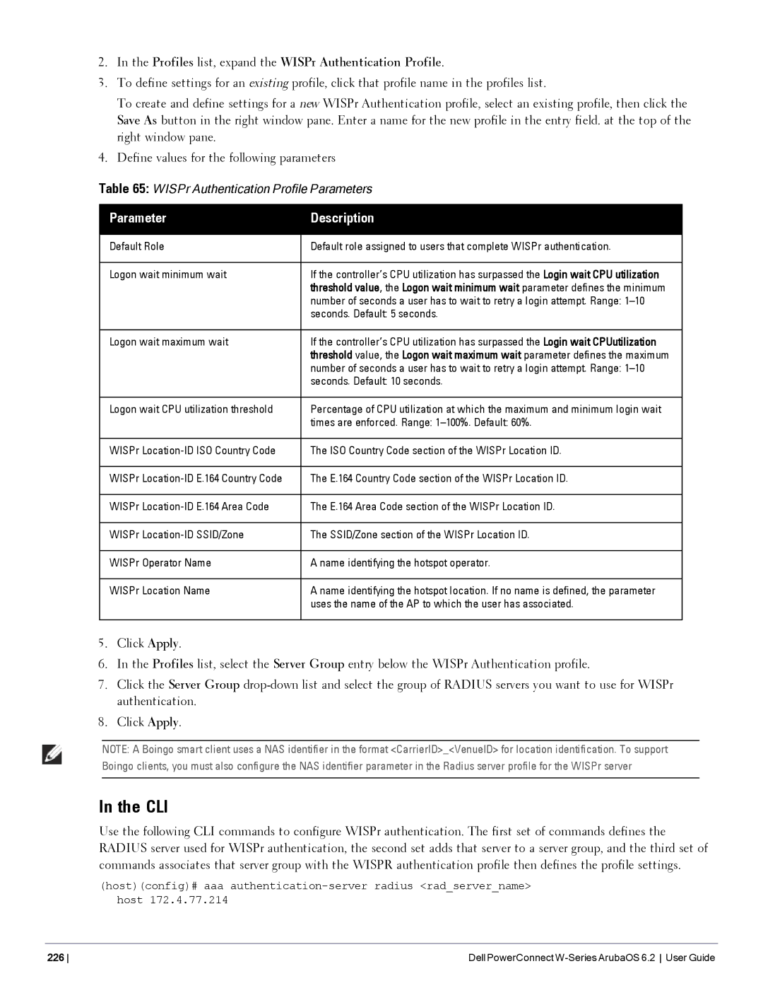 Dell 6.2 manual Profiles list, expand the WISPr Authentication Profile 