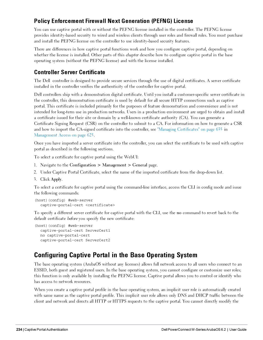 Dell 6.2 manual Configuring Captive Portal in the Base Operating System, Controller Server Certificate 