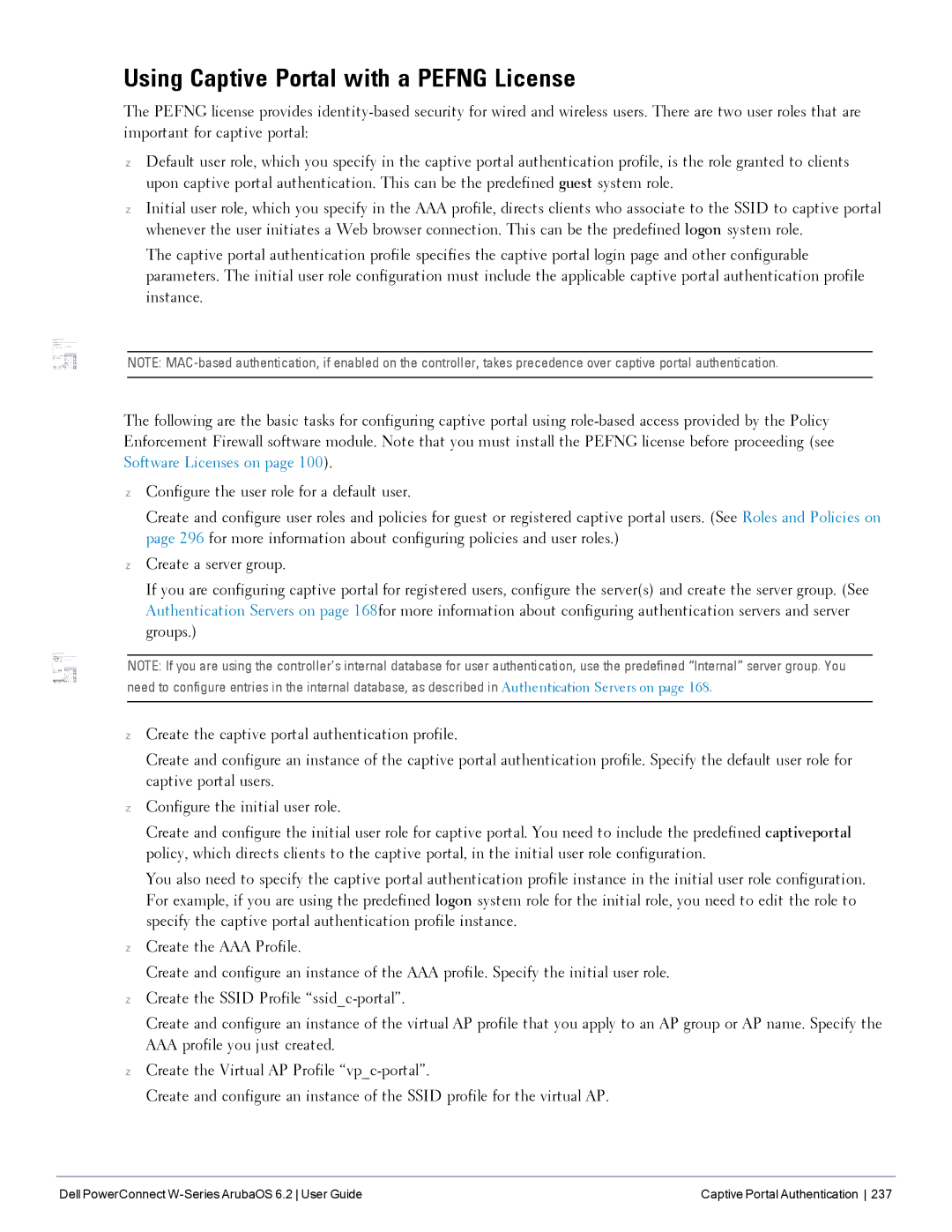 Dell 6.2 manual Using Captive Portal with a Pefng License 