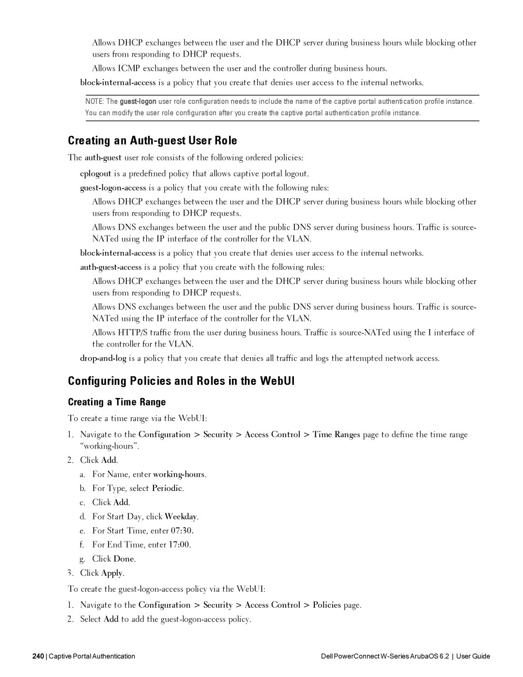 Dell 6.2 manual Creating an Auth-guest User Role, Configuring Policies and Roles in the WebUI, Creating a Time Range 