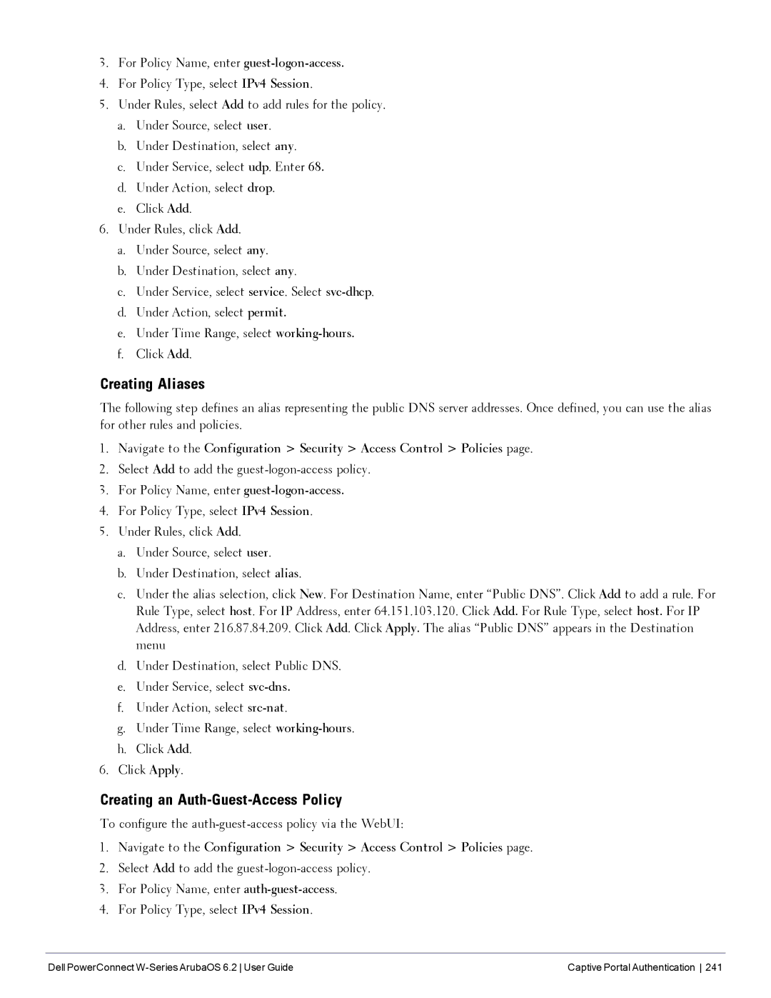Dell 6.2 Creating Aliases, Creating an Auth-Guest-Access Policy, To configure the auth-guest-access policy via the WebUI 