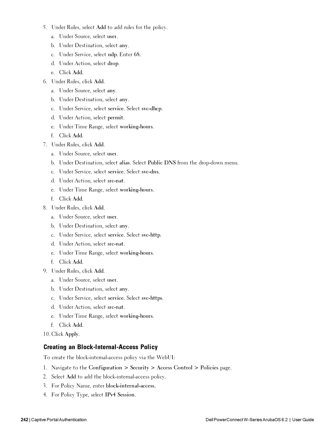 Dell 6.2 manual Creating an Block-Internal-Access Policy, To create the block-internal-access policy via the WebUI 