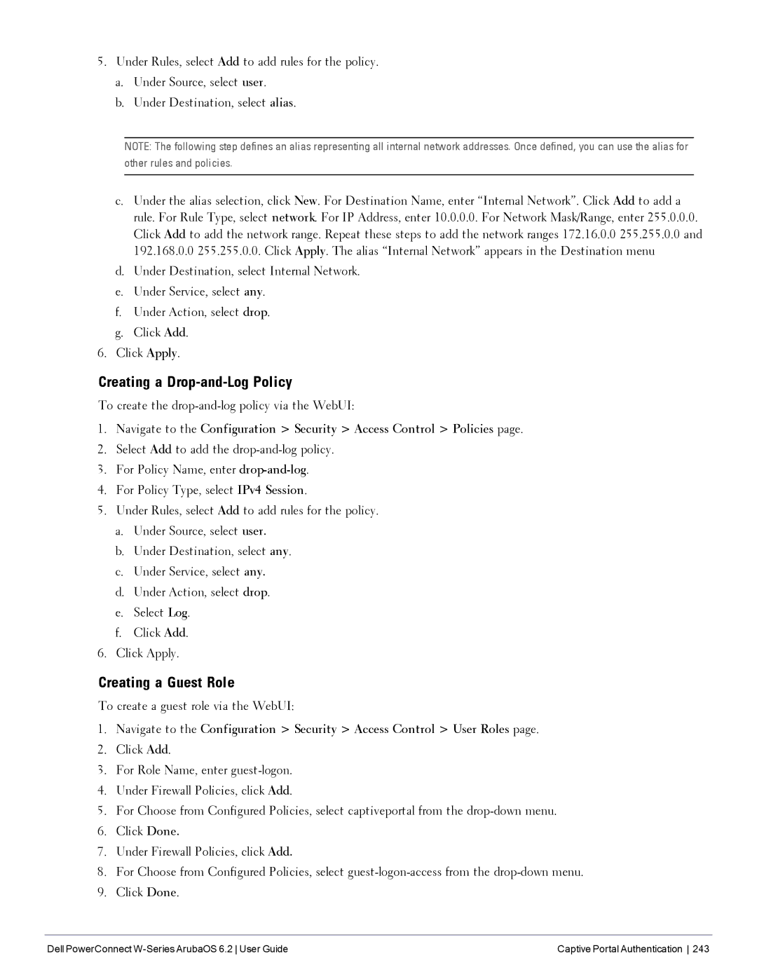 Dell 6.2 manual Creating a Drop-and-Log Policy, Creating a Guest Role, To create the drop-and-log policy via the WebUI 