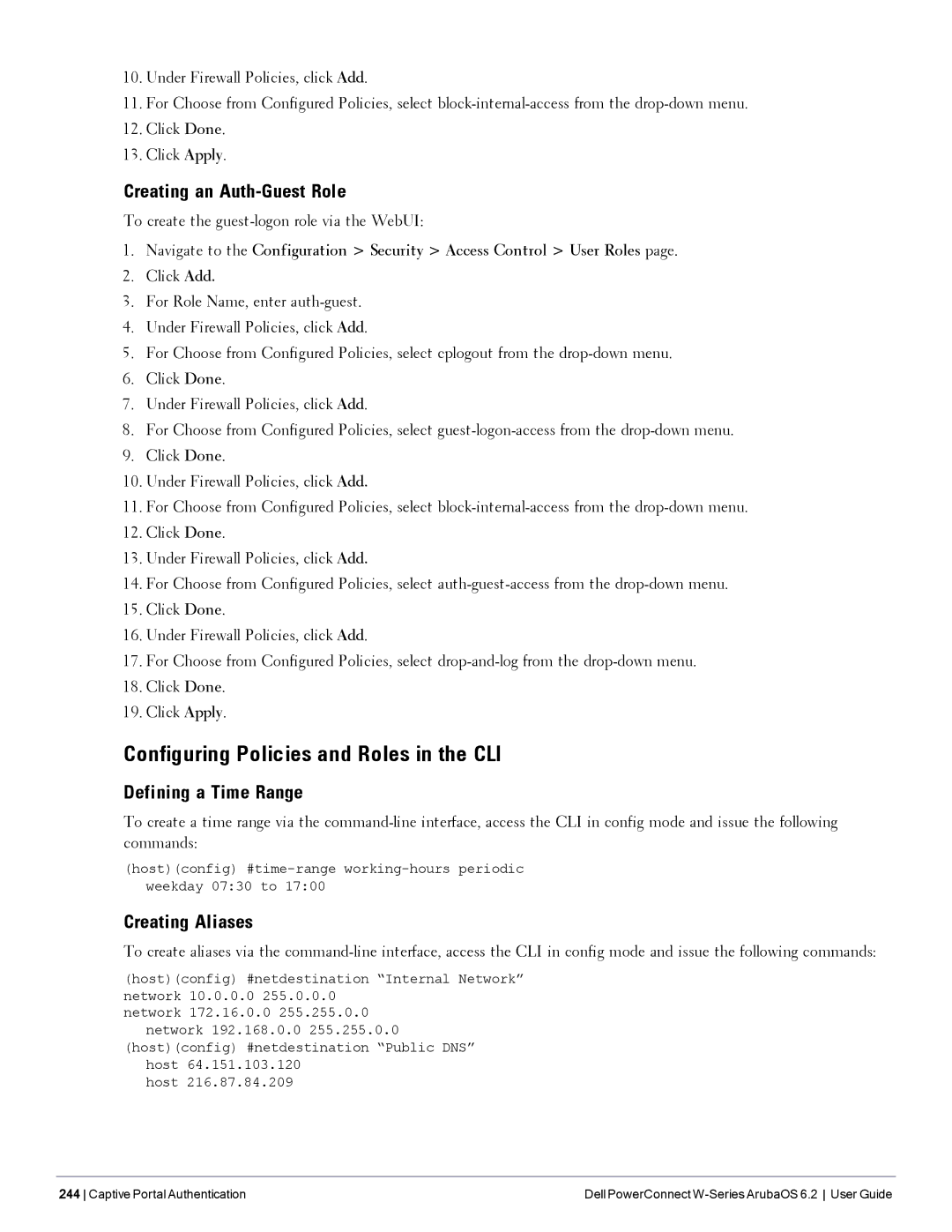 Dell 6.2 manual Configuring Policies and Roles in the CLI, Creating an Auth-Guest Role, Defining a Time Range 