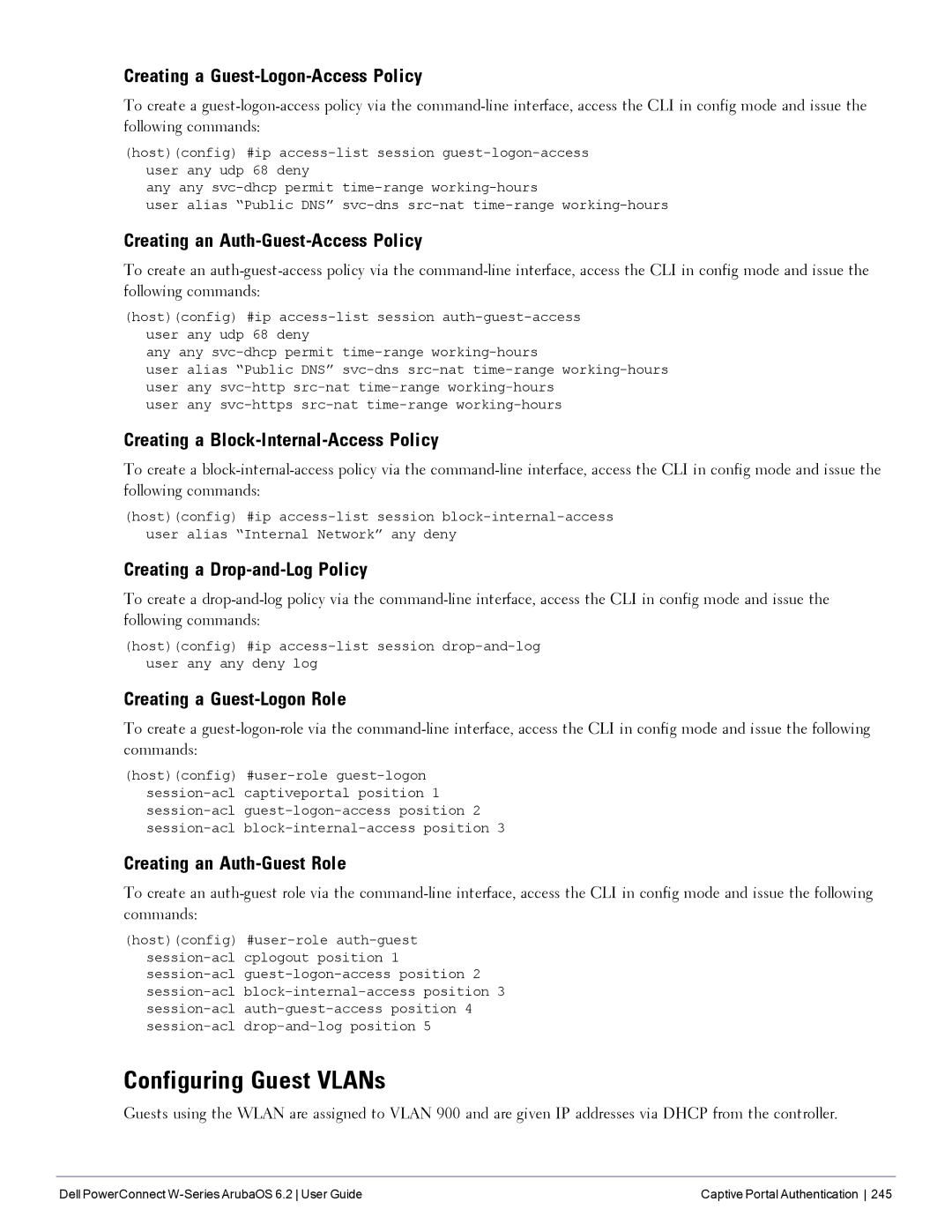 Dell 6.2 manual Configuring Guest VLANs, Creating a Guest-Logon-Access Policy, Creating a Block-Internal-Access Policy 