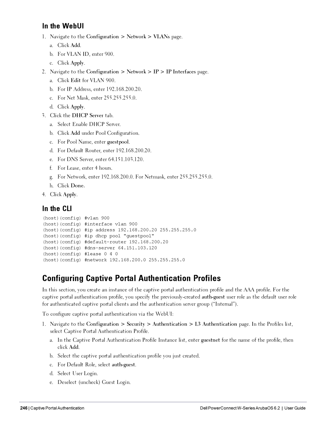 Dell 6.2 manual Configuring Captive Portal Authentication Profiles, Click Add For Vlan ID, enter Click Apply 