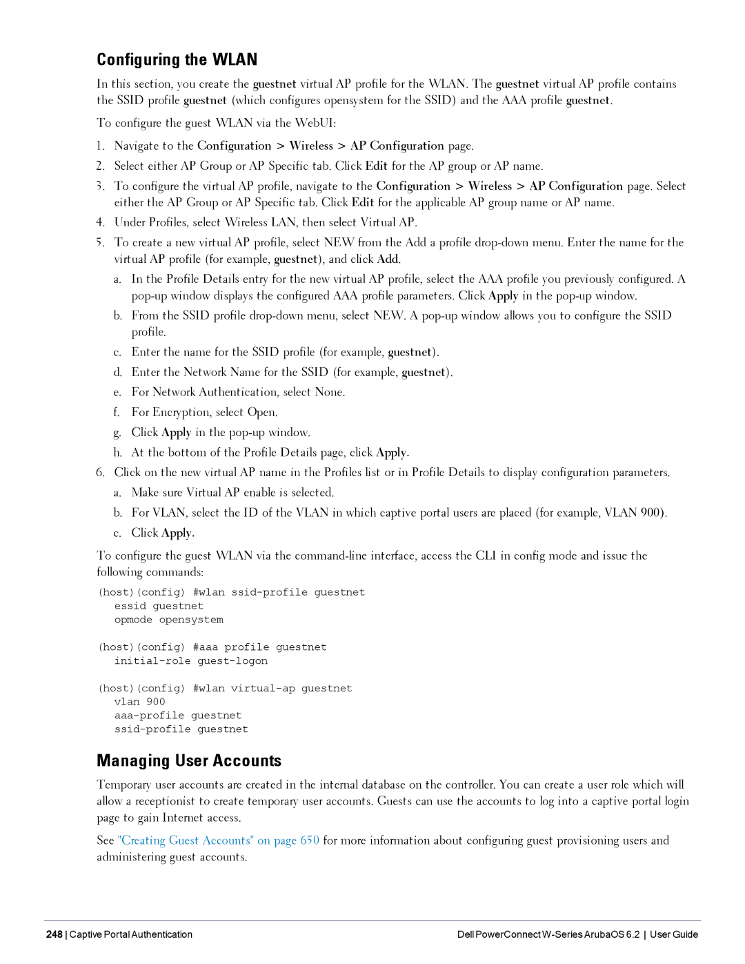 Dell 6.2 manual Configuring the Wlan, Managing User Accounts 