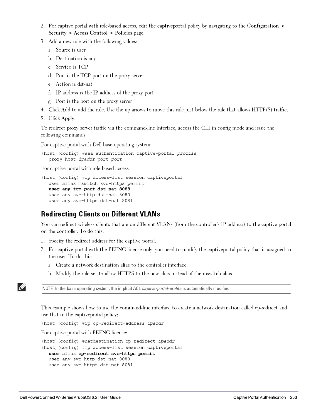 Dell 6.2 manual Redirecting Clients on Different VLANs, For captive portal with role-based access 