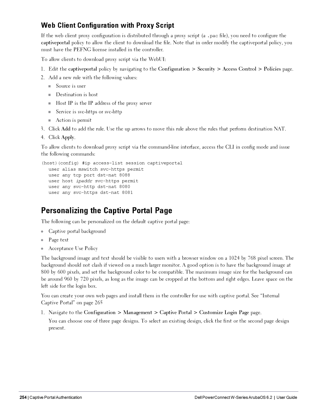 Dell 6.2 manual Personalizing the Captive Portal, Web Client Configuration with Proxy Script 