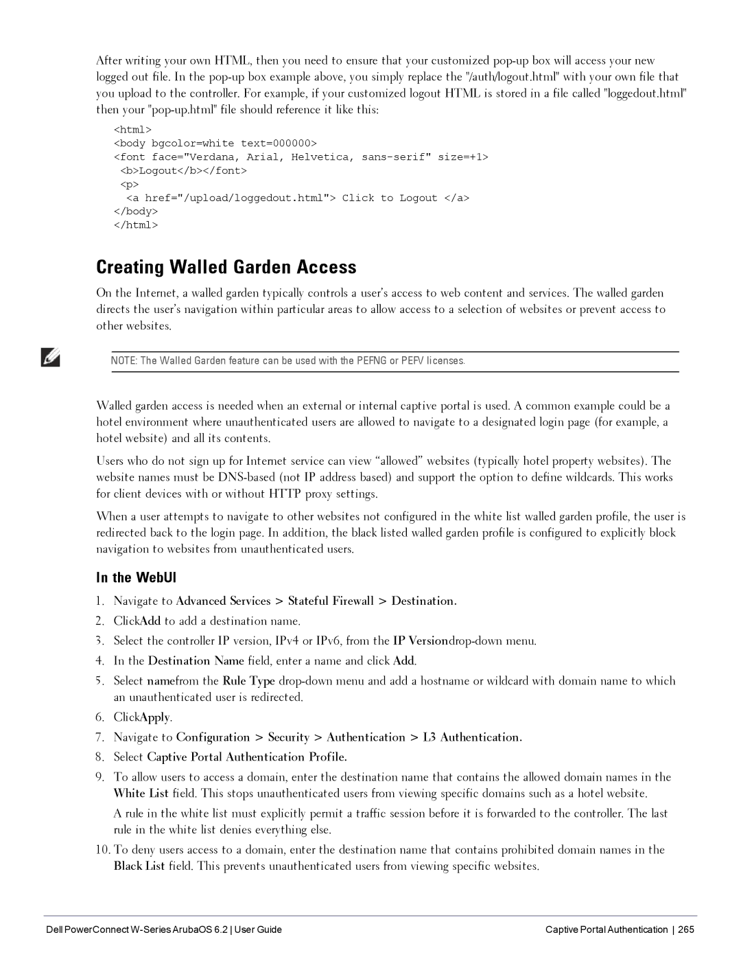 Dell 6.2 manual Creating Walled Garden Access, Navigate to Advanced Services Stateful Firewall Destination 