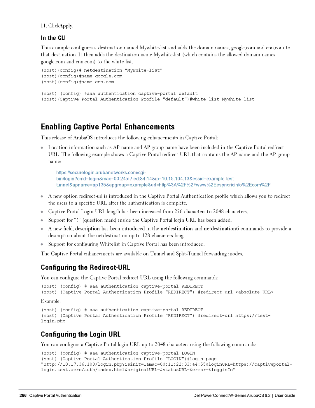 Dell 6.2 manual Enabling Captive Portal Enhancements, Configuring the Redirect-URL, Configuring the Login URL 