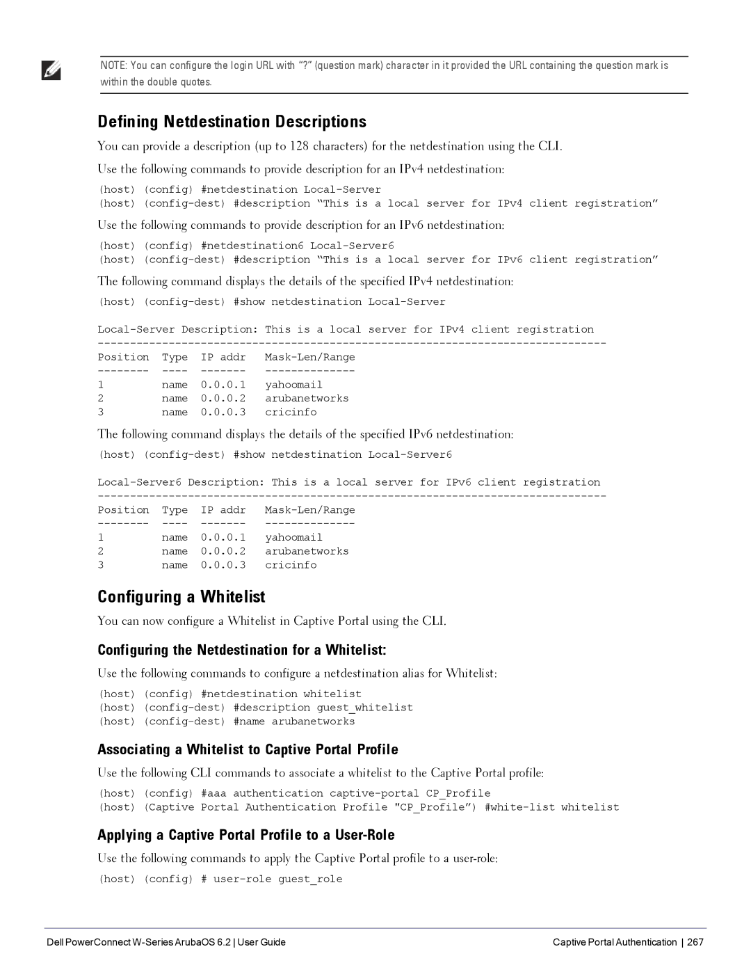 Dell 6.2 Defining Netdestination Descriptions, Configuring a Whitelist, Configuring the Netdestination for a Whitelist 