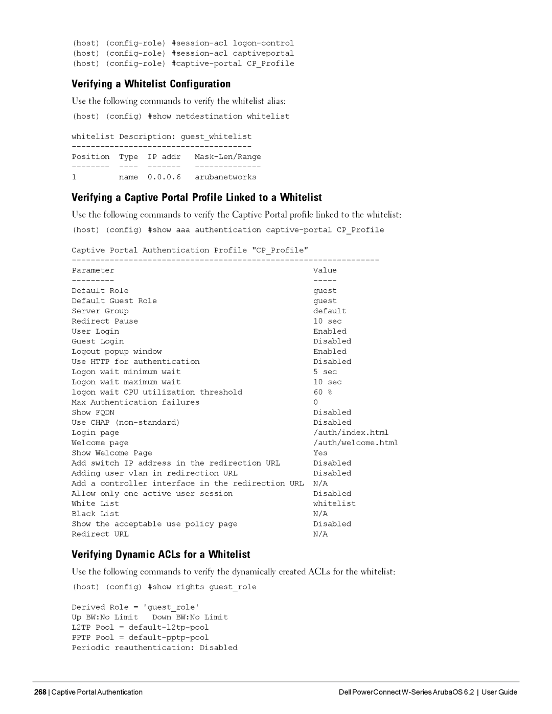 Dell 6.2 manual Verifying a Whitelist Configuration, Verifying a Captive Portal Profile Linked to a Whitelist 