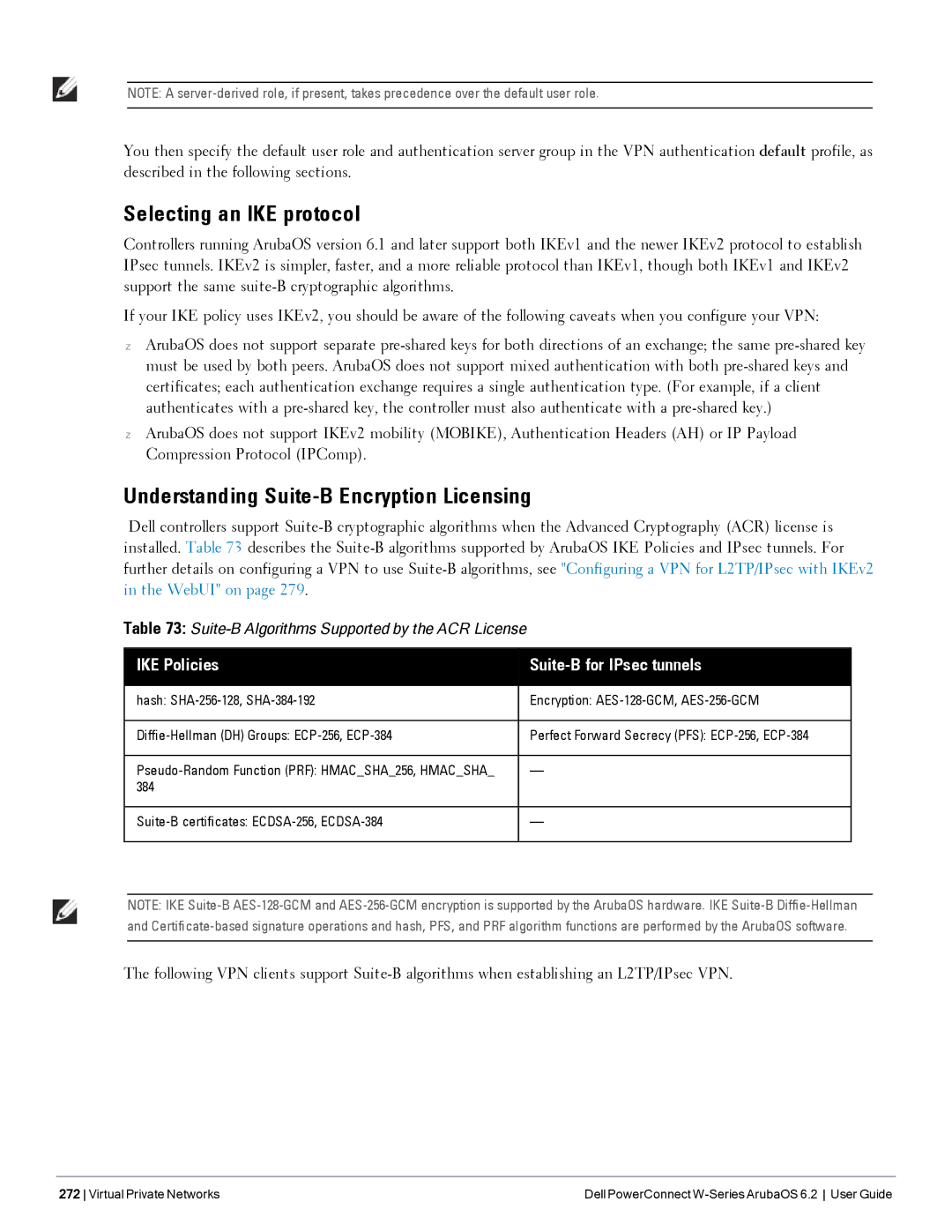 Dell 6.2 Selecting an IKE protocol, Understanding Suite-B Encryption Licensing, IKE Policies Suite-B for IPsec tunnels 