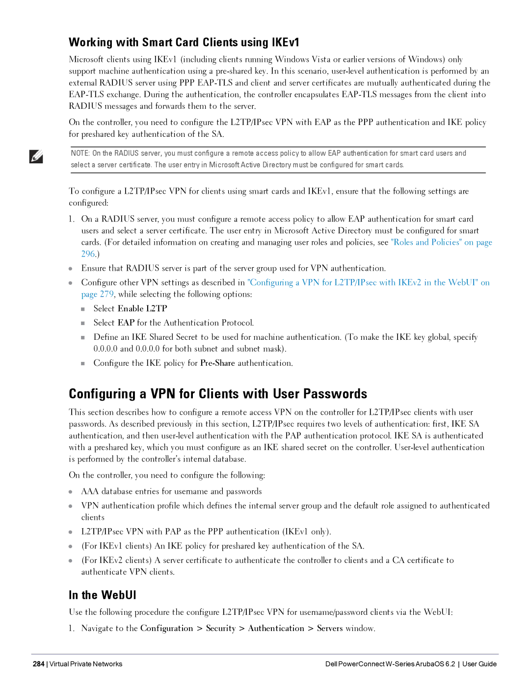 Dell 6.2 manual Configuring a VPN for Clients with User Passwords, Working with Smart Card Clients using IKEv1 