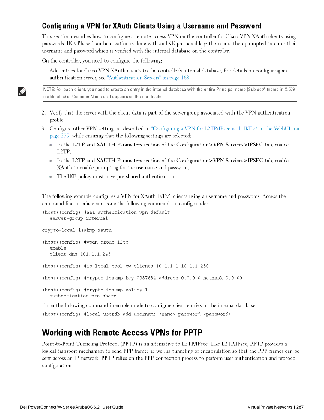 Dell 6.2 manual Working with Remote Access VPNs for Pptp 