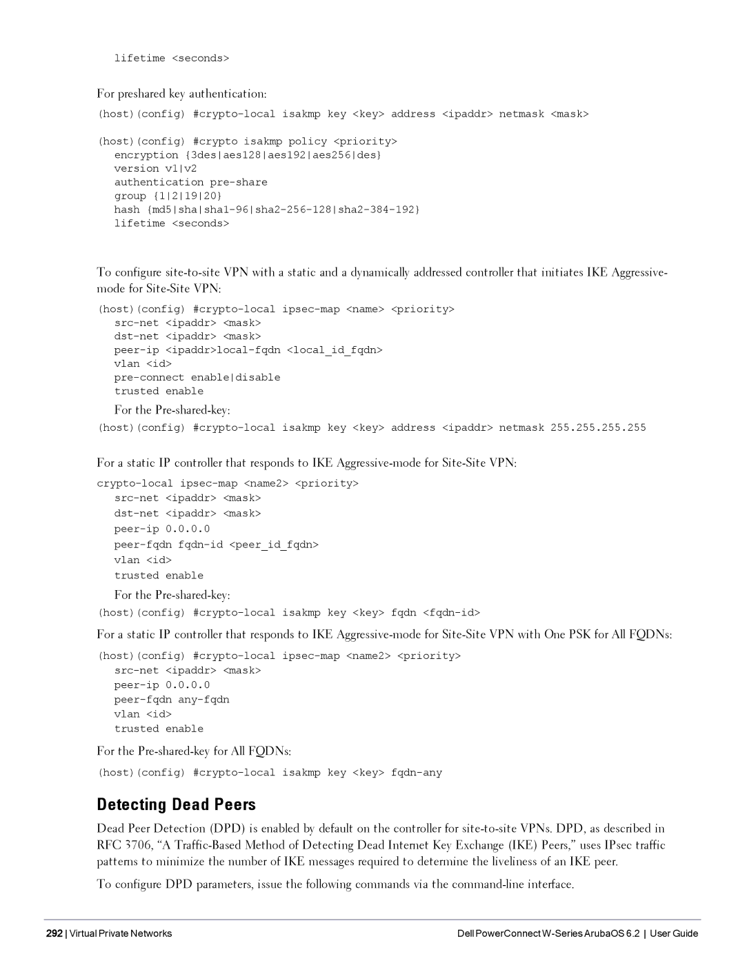 Dell 6.2 manual Detecting Dead Peers, For preshared key authentication, For the Pre-shared-key 