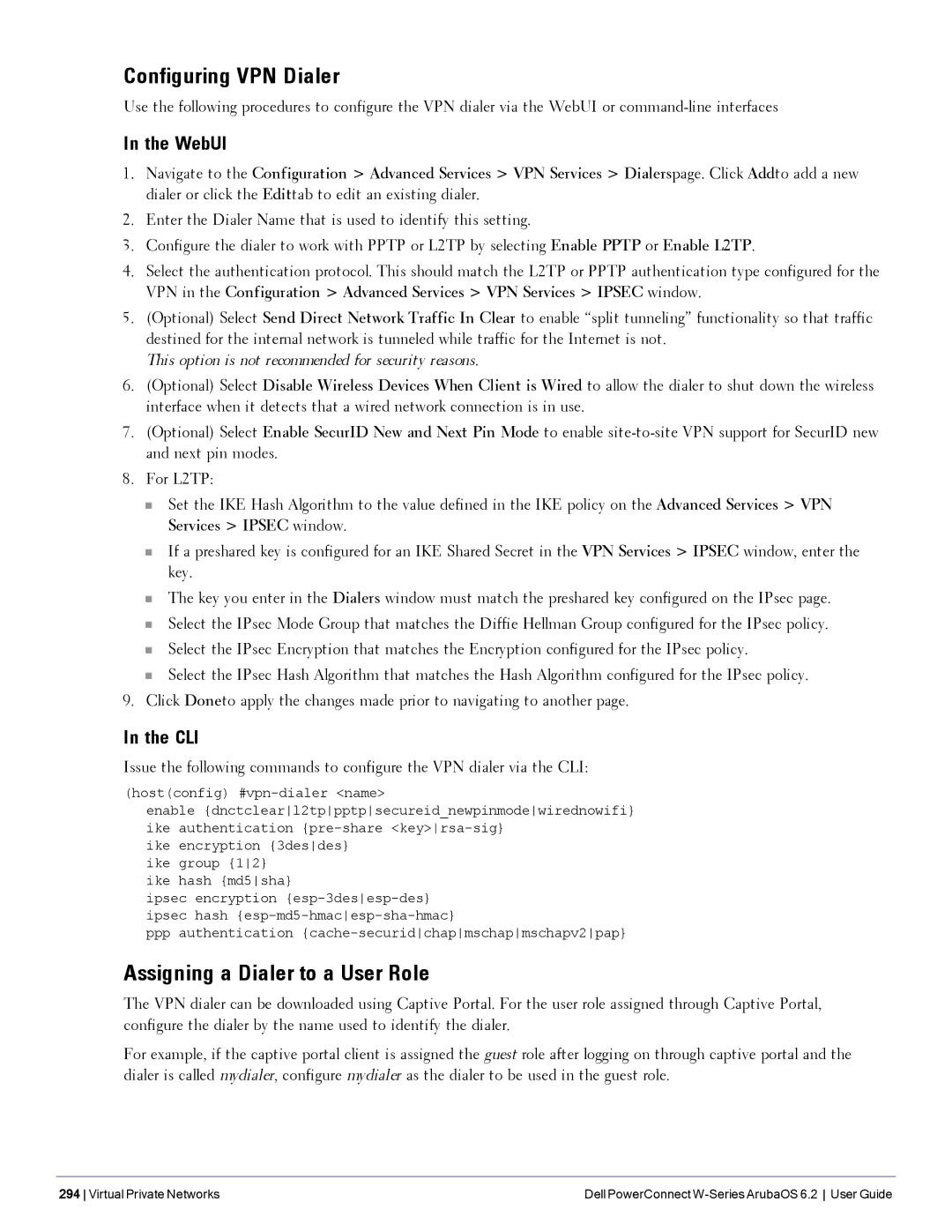 Dell 6.2 manual Configuring VPN Dialer, Assigning a Dialer to a User Role 