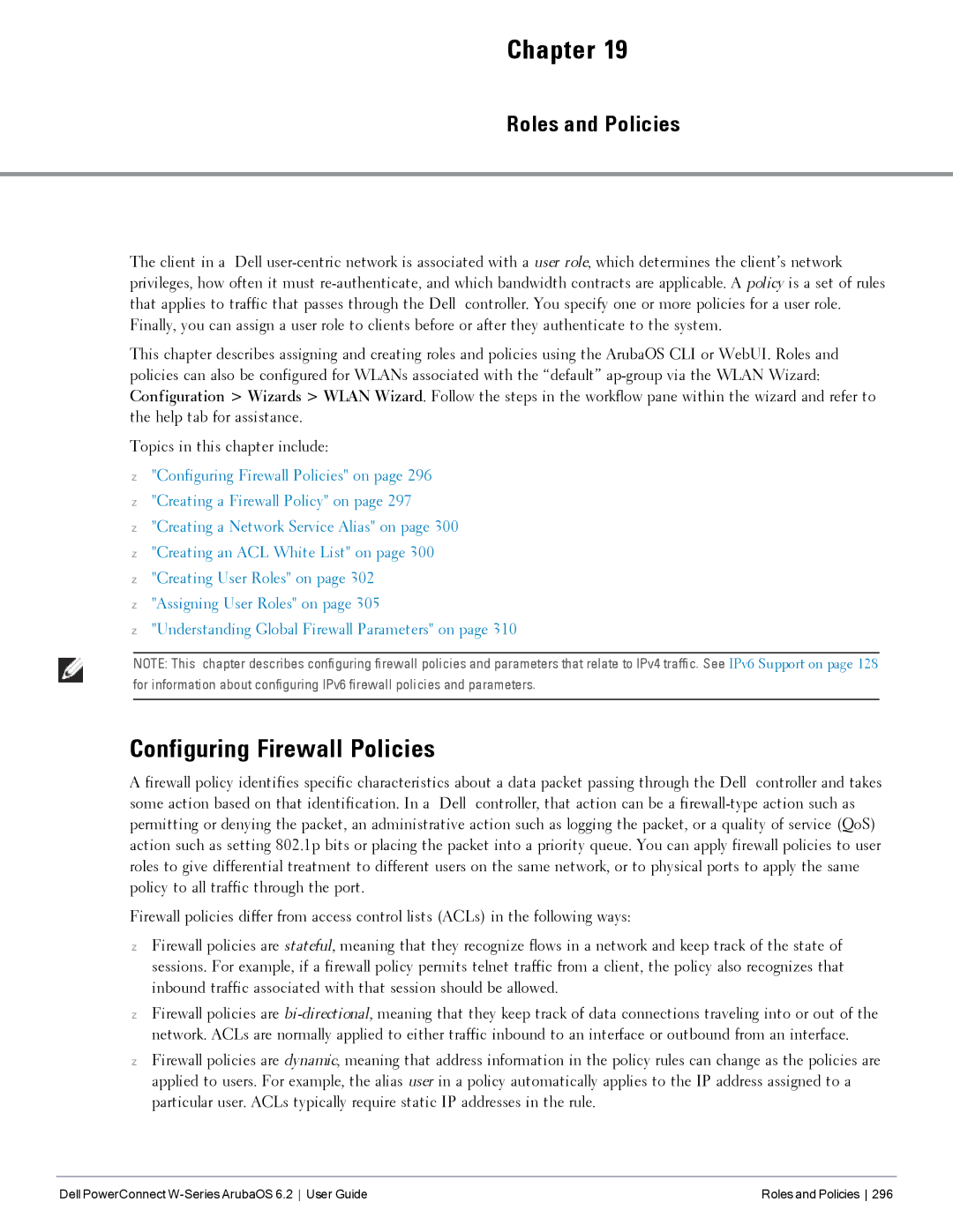 Dell 6.2 manual Configuring Firewall Policies, Roles and Policies 