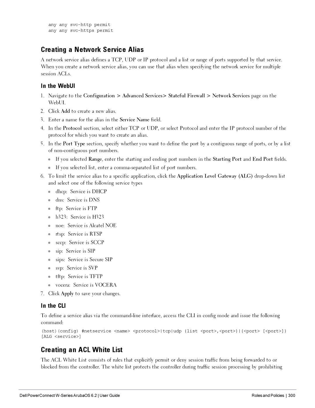 Dell 6.2 manual Creating a Network Service Alias, Creating an ACL White List 