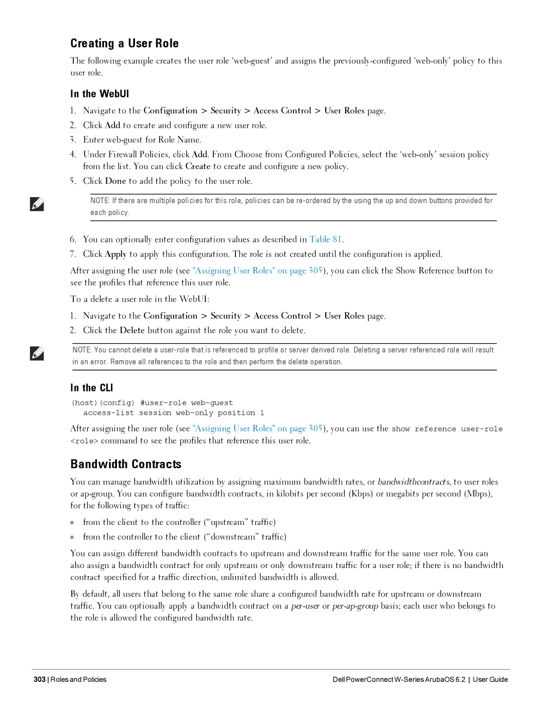 Dell 6.2 manual Creating a User Role, Bandwidth Contracts, Click the Delete button against the role you want to delete 