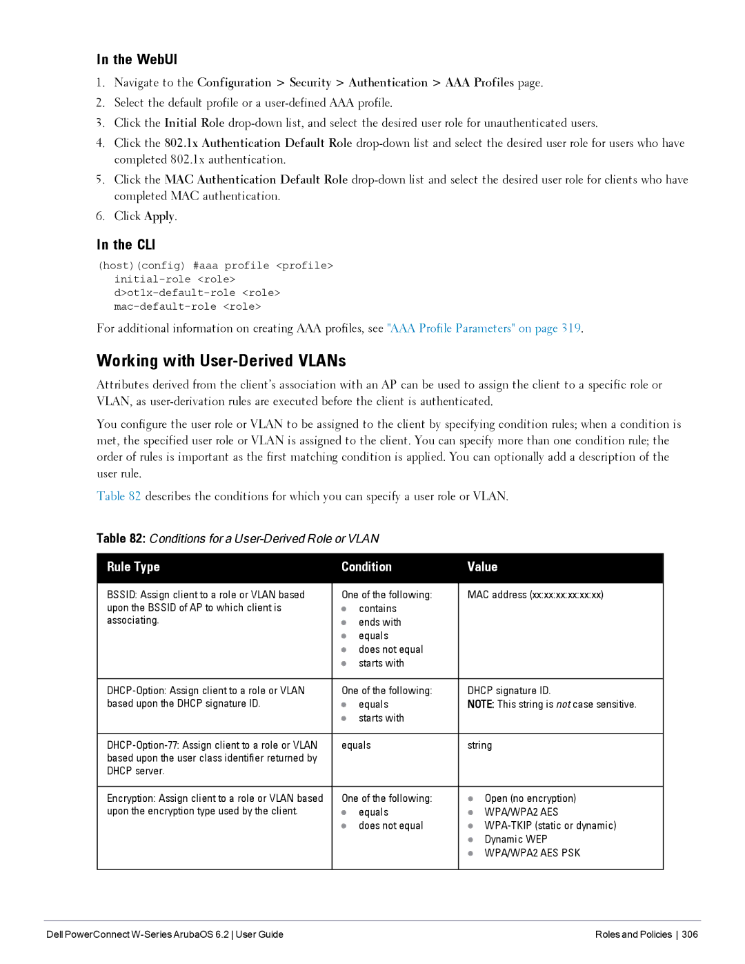 Dell 6.2 manual Working with User-Derived VLANs, Rule Type Condition Value, Equals String, Dhcp server 