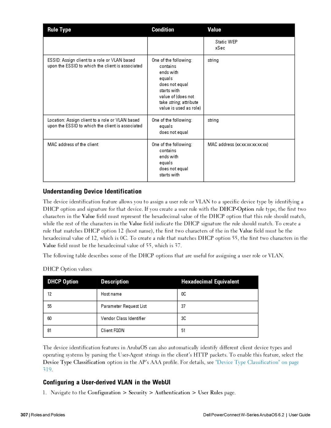 Dell 6.2 manual Understanding Device Identification, Configuring a User-derived Vlan in the WebUI 