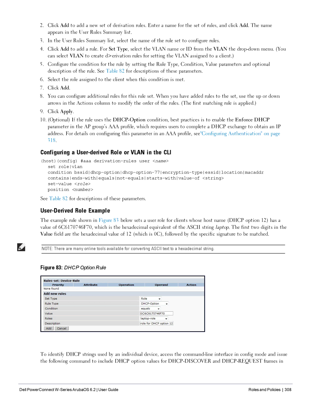 Dell 6.2 manual Configuring a User-derived Role or Vlan in the CLI, User-Derived Role Example 