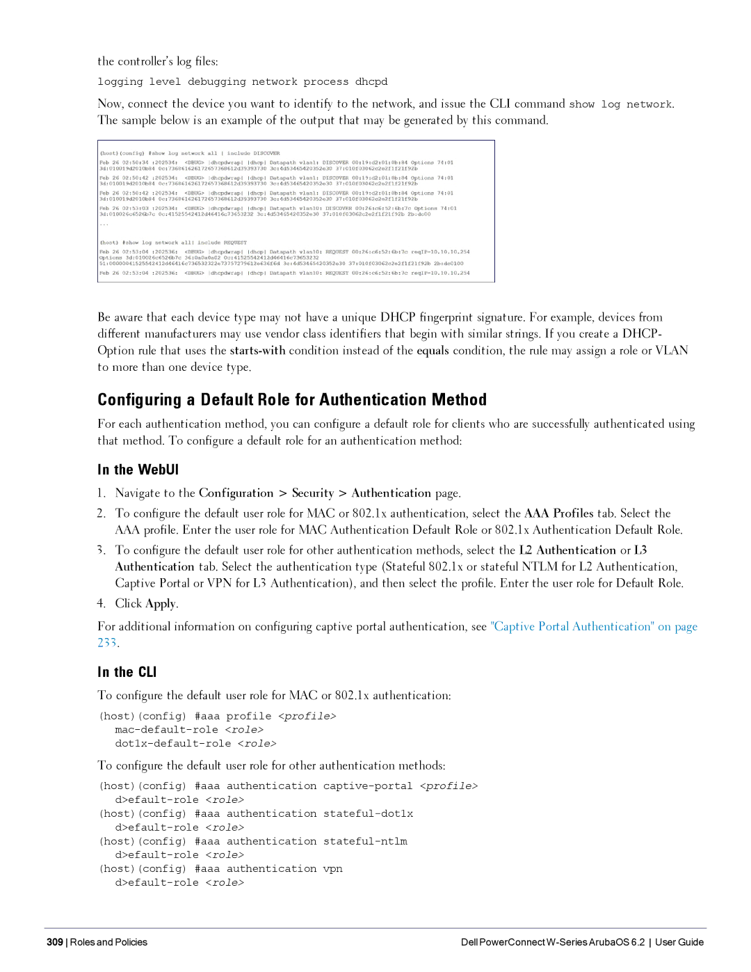 Dell 6.2 manual Configuring a Default Role for Authentication Method, Controller’s log files 