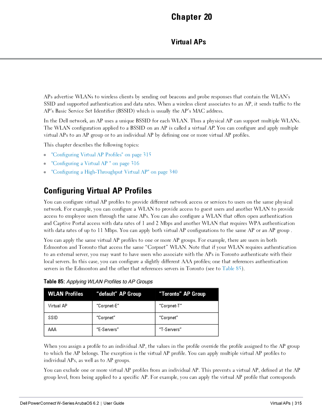 Dell 6.2 manual Configuring Virtual AP Profiles, Virtual APs, Wlan Profiles Default AP Group Toronto AP Group 