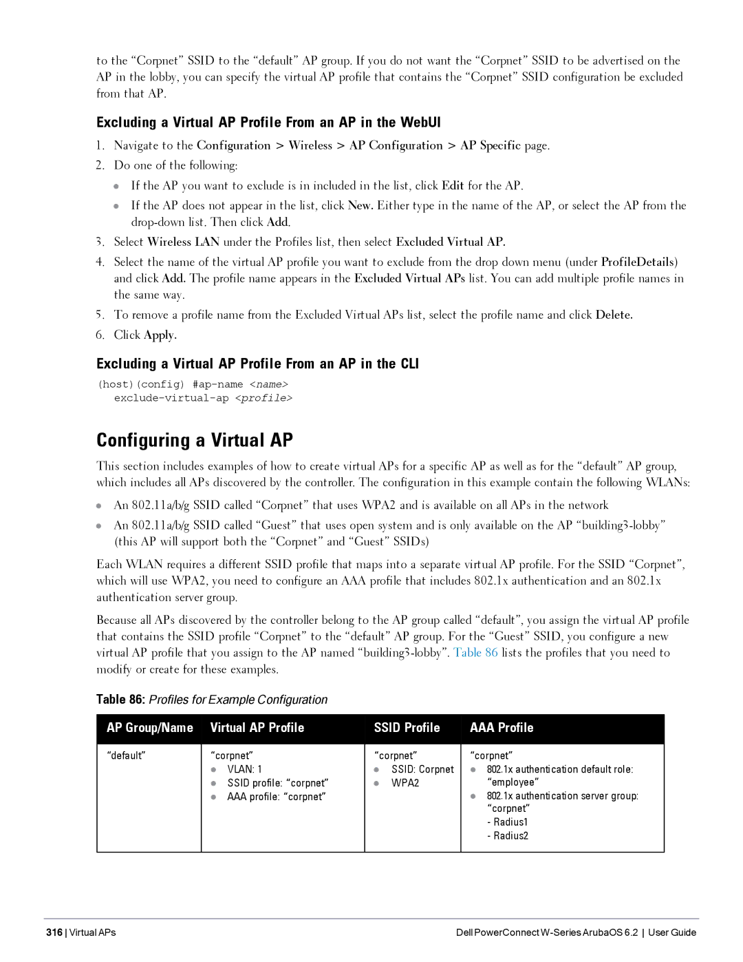 Dell 6.2 manual Configuring a Virtual AP, Excluding a Virtual AP Profile From an AP in the WebUI 