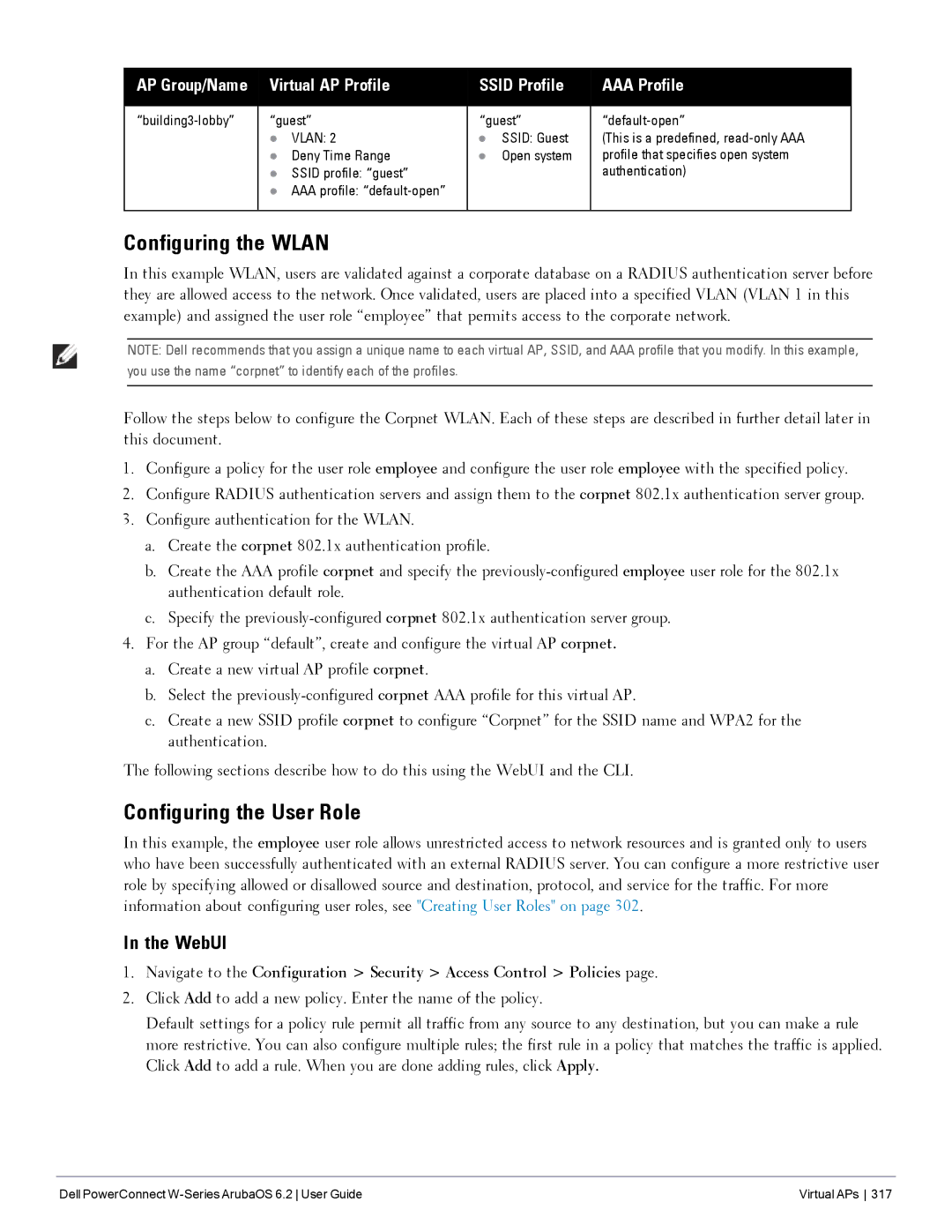 Dell 6.2 manual Configuring the User Role, Building3-lobby Guest, Deny Time Range, Ssid profile guest 