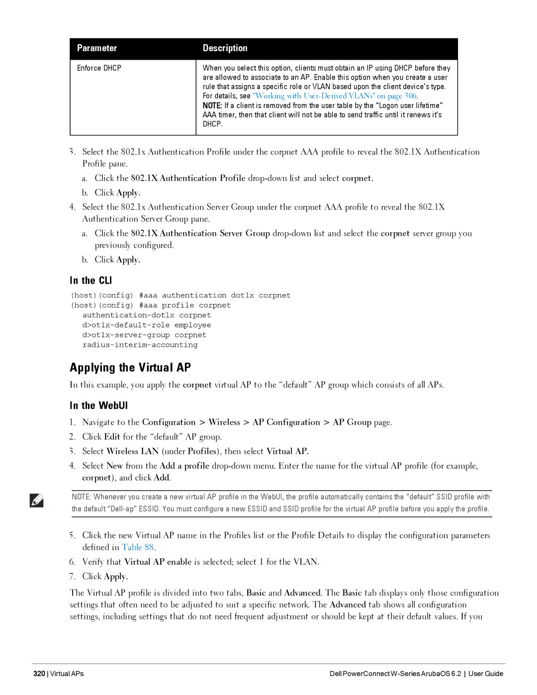 Dell 6.2 manual Applying the Virtual AP, Click Edit for the default AP group, Enforce Dhcp 