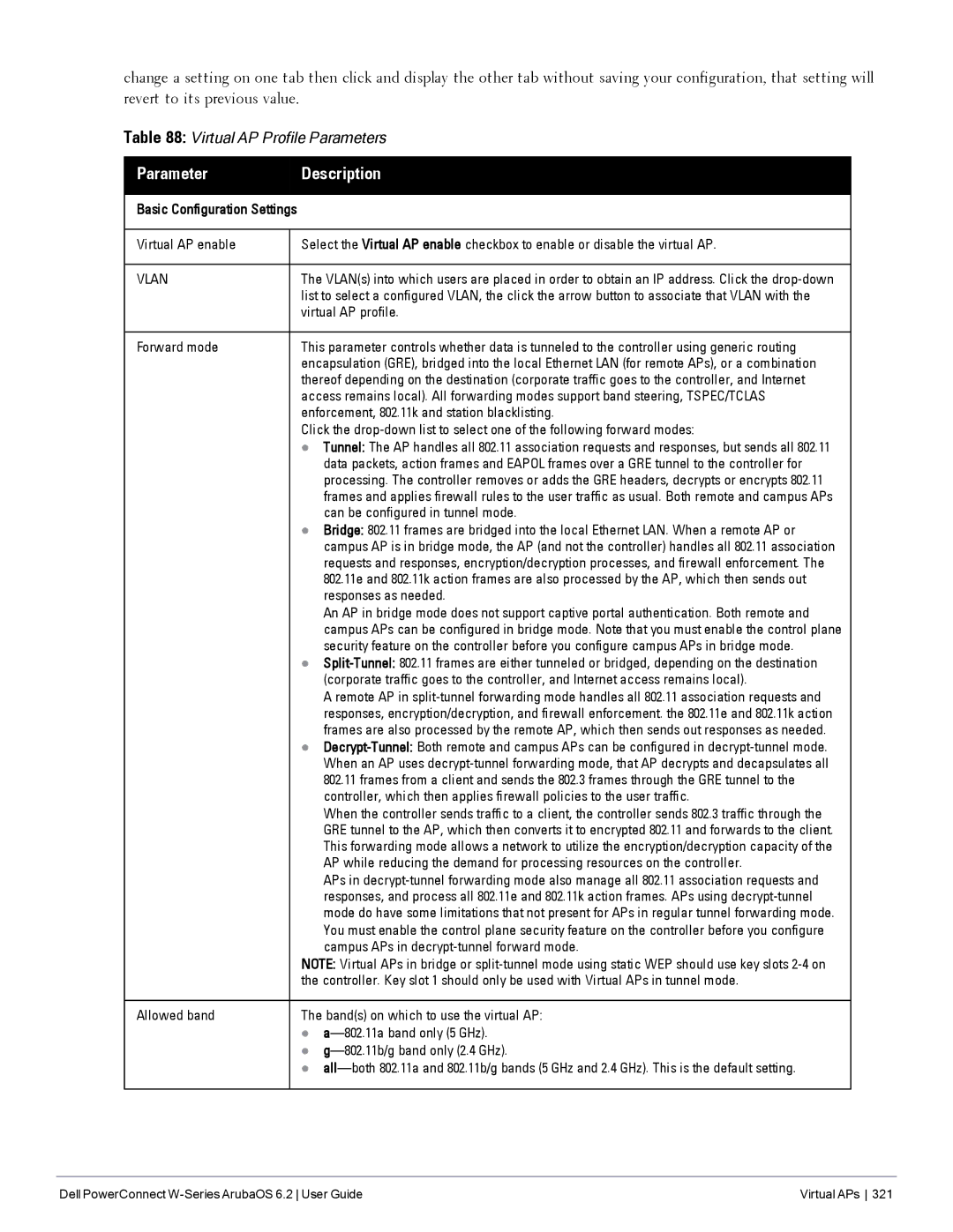 Dell 6.2 manual Forward mode, Enforcement, 802.11k and station blacklisting, Can be configured in tunnel mode 