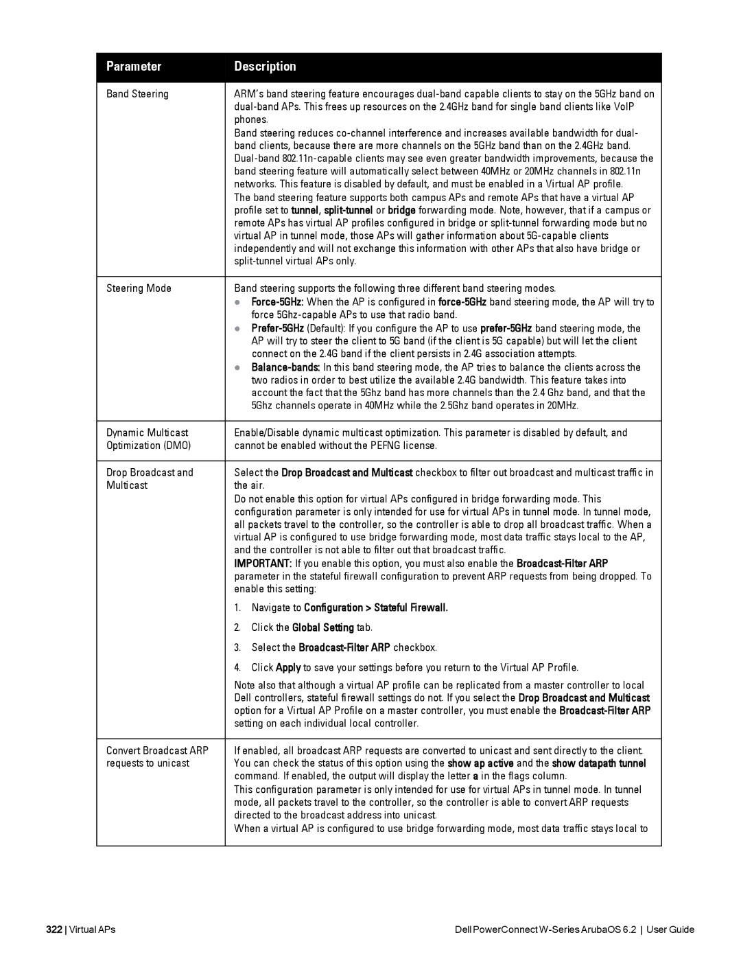 Dell 6.2 manual Band Steering, Phones, Split-tunnel virtual APs only, Force 5Ghz-capable APs to use that radio band 
