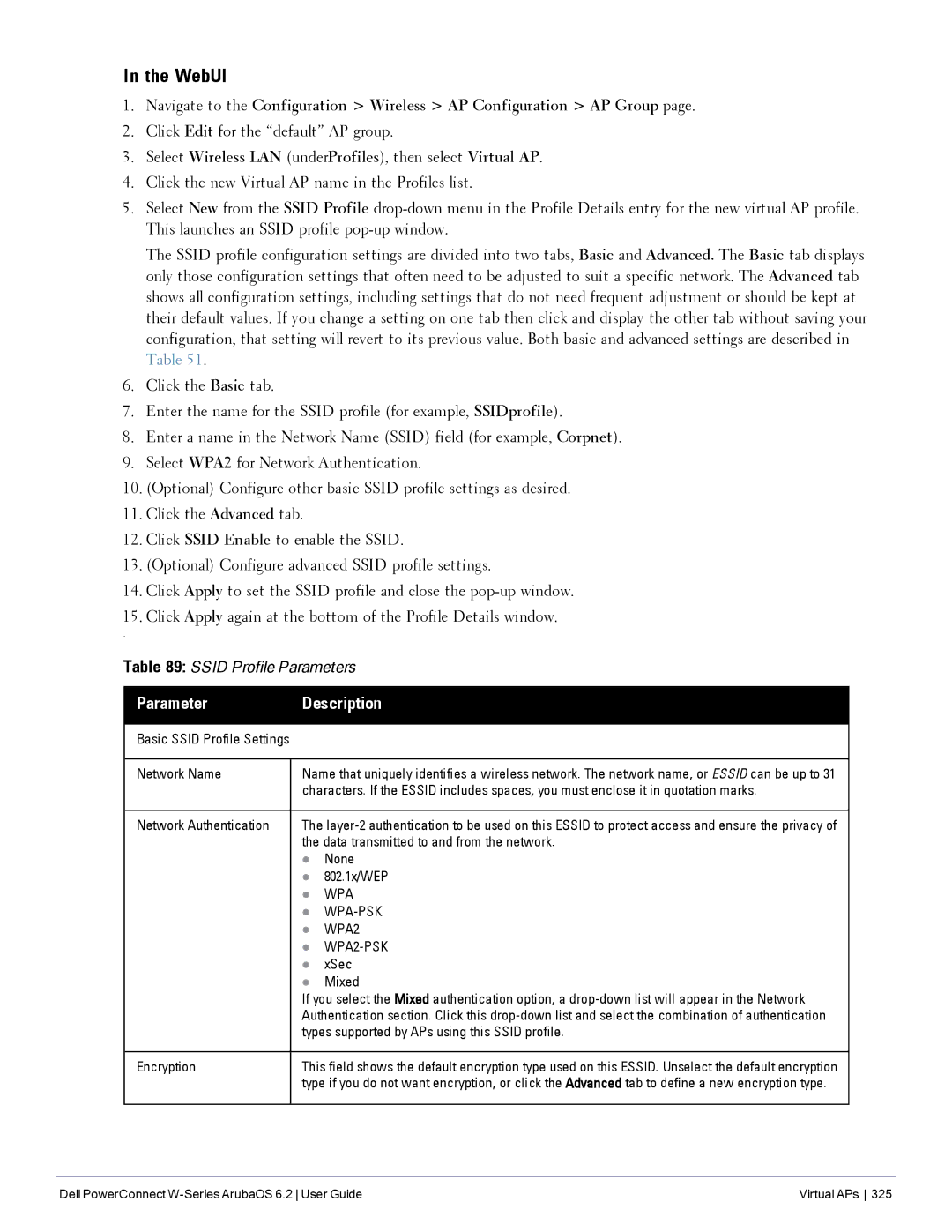 Dell 6.2 manual Select Wireless LAN underProfiles, then select Virtual AP 