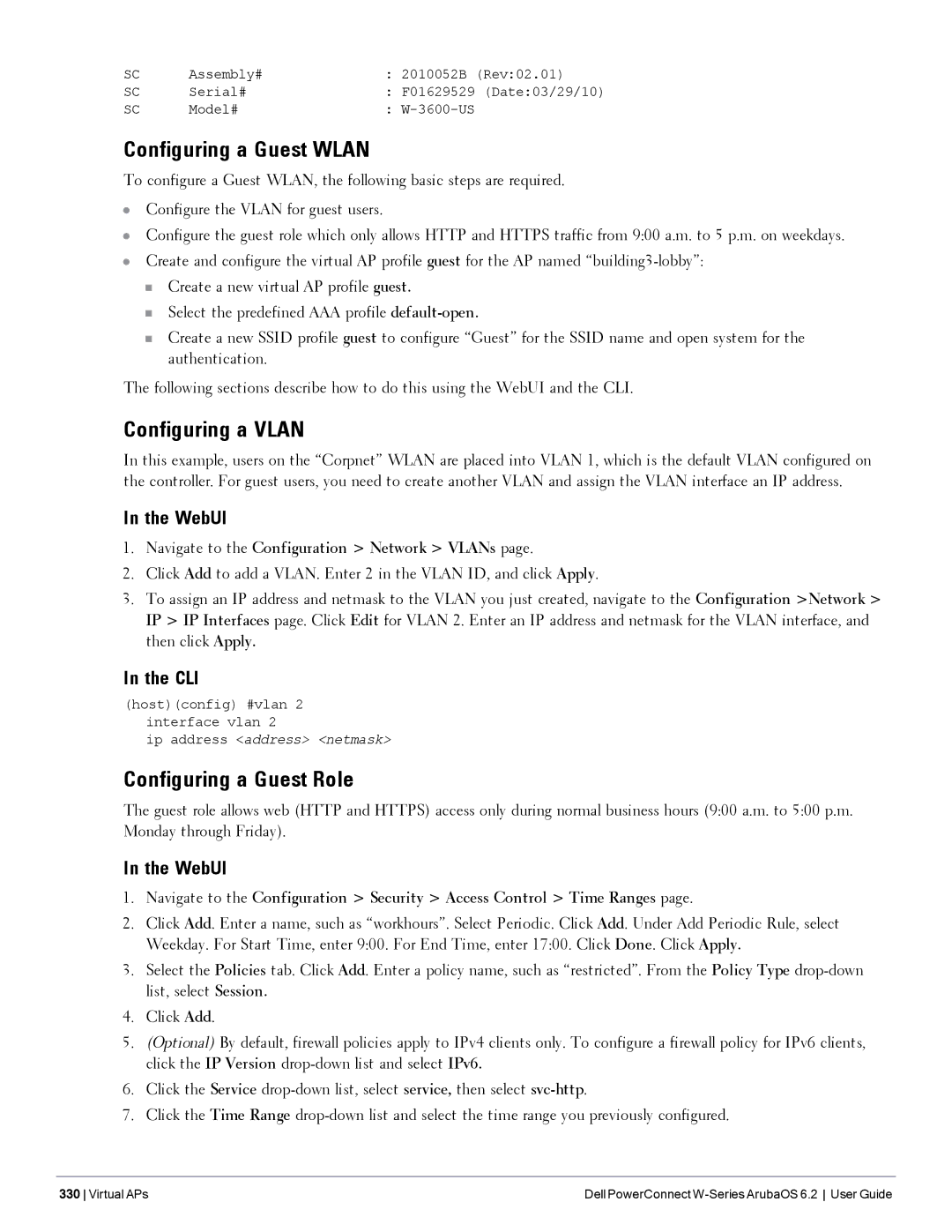 Dell 6.2 manual Configuring a Guest Wlan, Configuring a Vlan, Configuring a Guest Role 