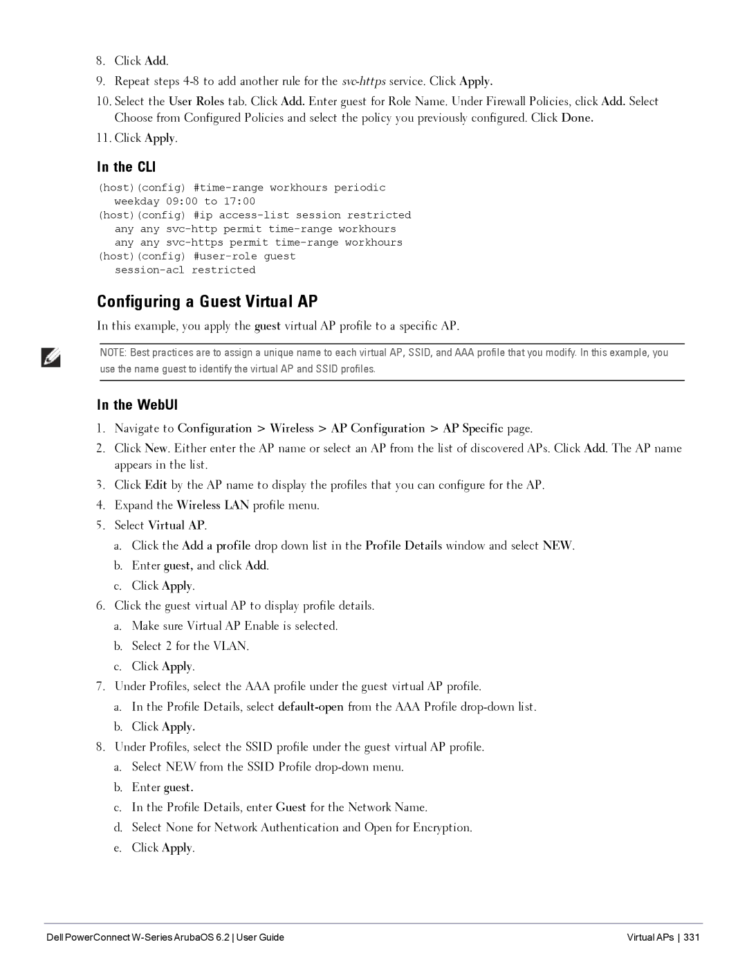 Dell 6.2 manual Configuring a Guest Virtual AP, Select Virtual AP 