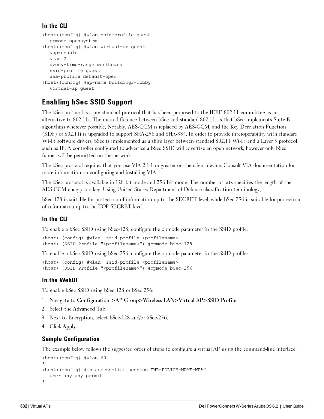 Dell 6.2 manual Enabling bSec Ssid Support, Sample Configuration, To enable bSec Ssid using bSec-128 or bSec-256 