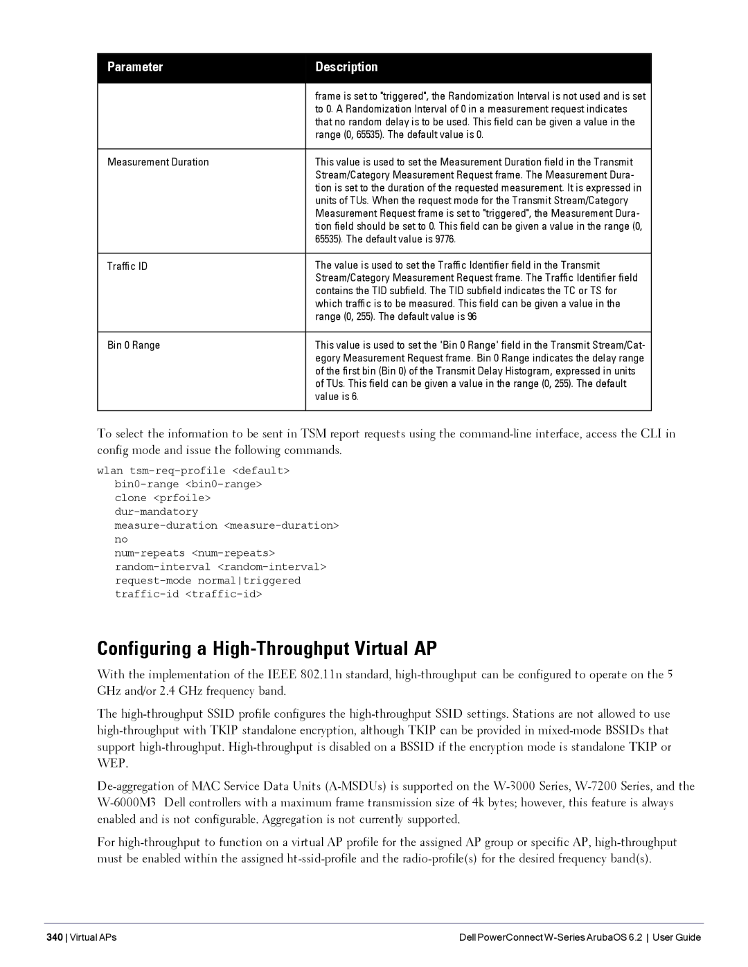 Dell 6.2 manual Configuring a High-Throughput Virtual AP, Range 0, 65535. The default value is, Bin 0 Range 