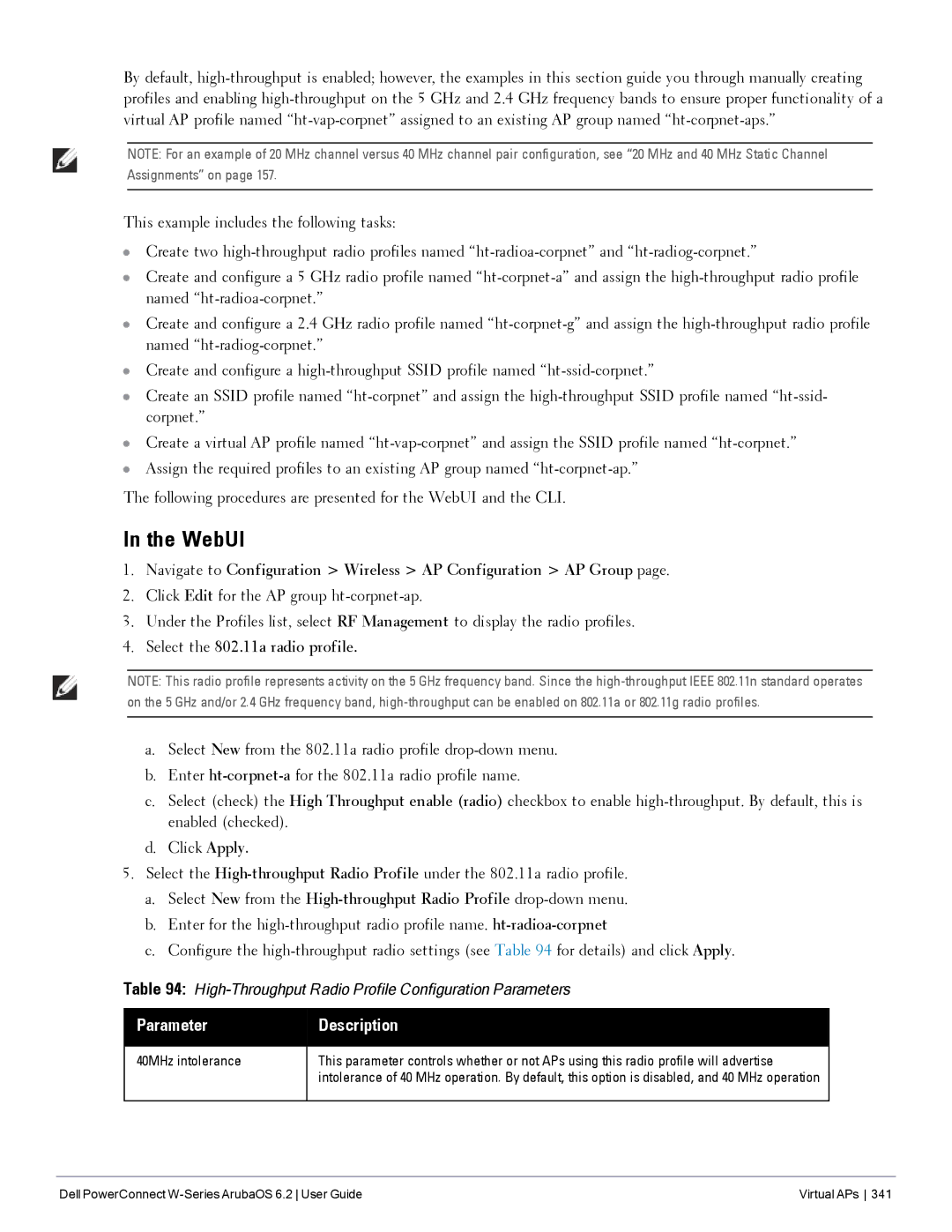 Dell 6.2 manual Select the 802.11a radio profile, 40MHz intolerance 