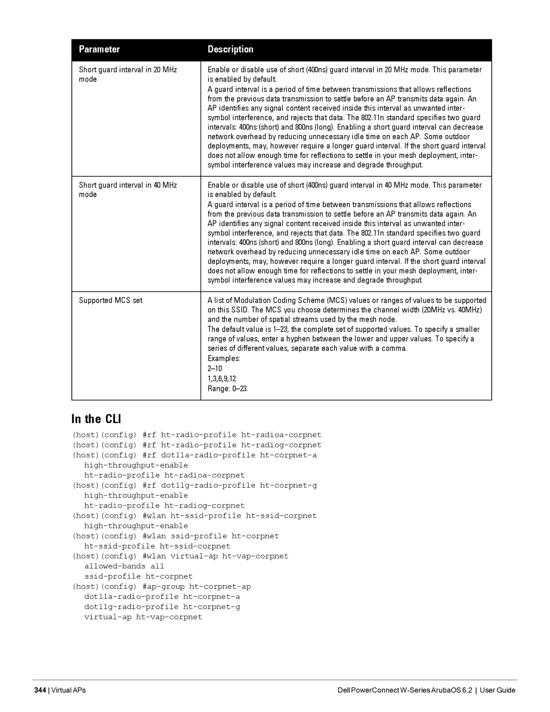 Dell 6.2 Short guard interval in 20 MHz, Mode Is enabled by default, Short guard interval in 40 MHz, Supported MCS set 