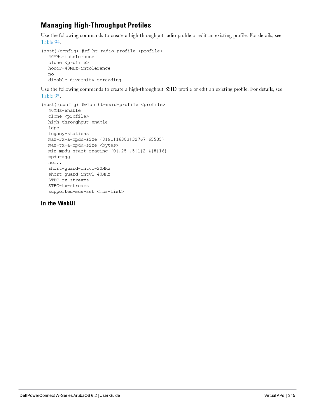 Dell 6.2 manual Managing High-Throughput Profiles, WebUI 