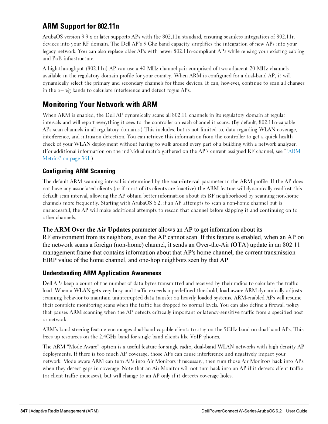 Dell 6.2 manual ARM Support for 802.11n, Monitoring Your Network with ARM, Configuring ARM Scanning 