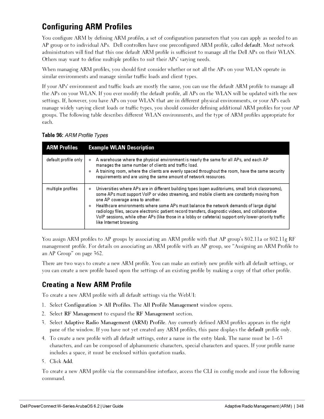 Dell 6.2 manual Configuring ARM Profiles, Creating a New ARM Profile, ARM Profiles Example Wlan Description 