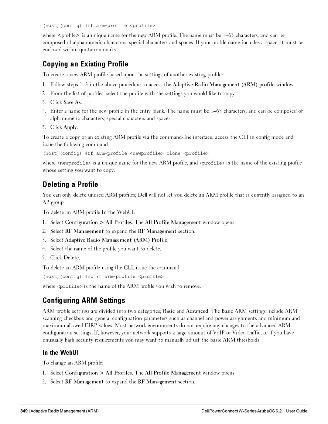 Dell 6.2 manual Copying an Existing Profile, Deleting a Profile, Configuring ARM Settings, To change an ARM profile 