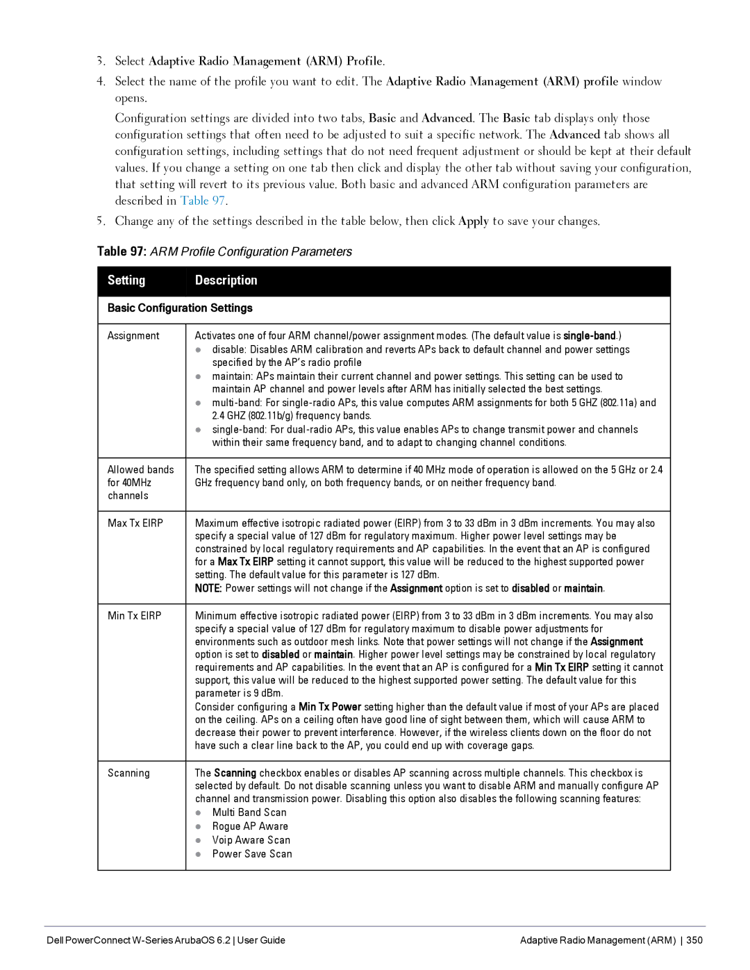 Dell 6.2 manual Setting Description 