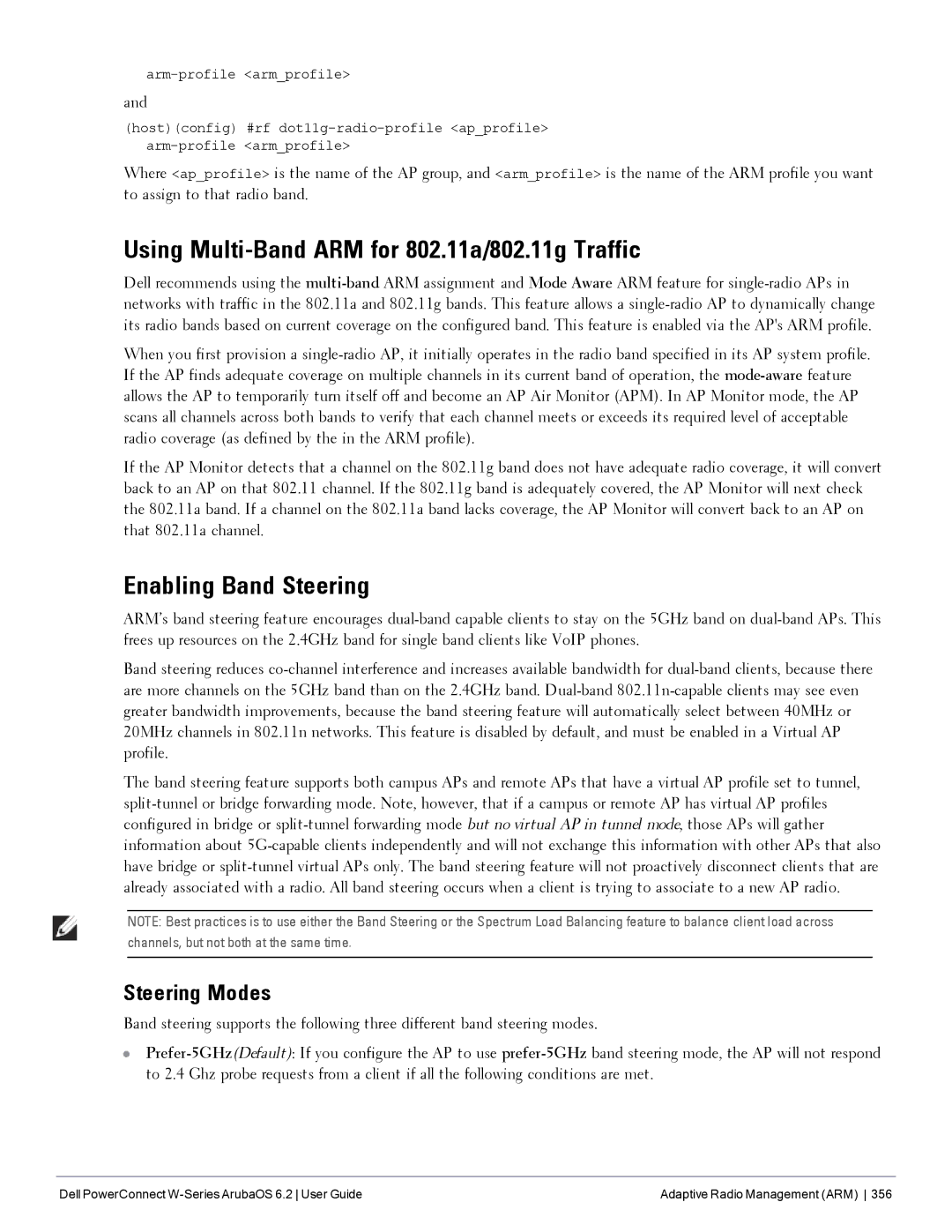 Dell 6.2 manual Using Multi-Band ARM for 802.11a/802.11g Traffic, Enabling Band Steering, Steering Modes 