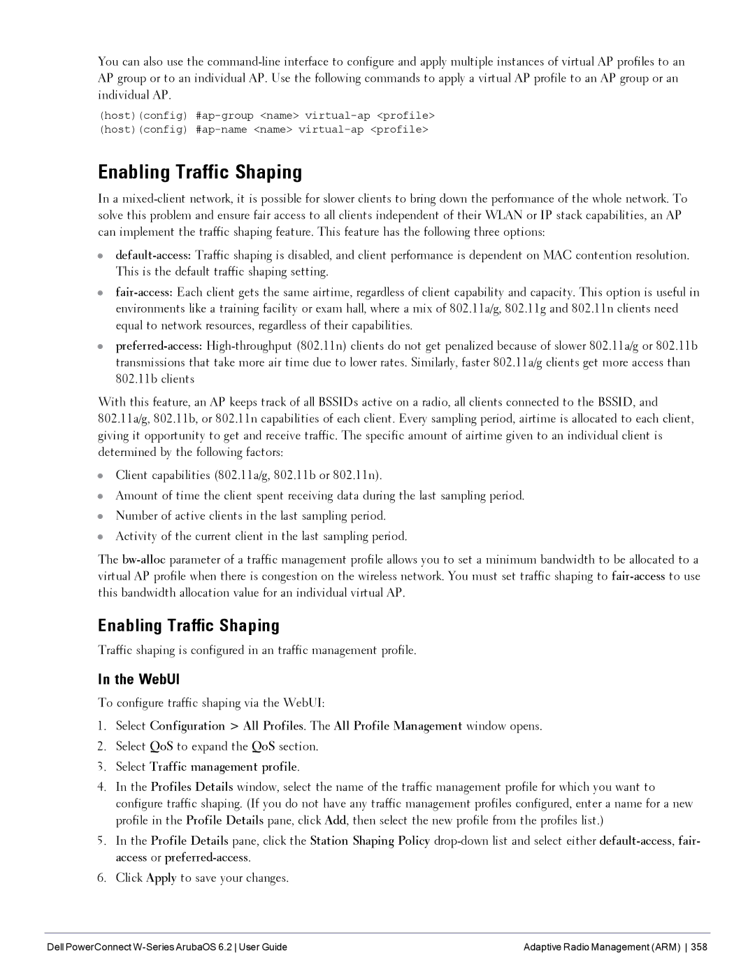 Dell 6.2 manual Enabling Traffic Shaping, To configure traffic shaping via the WebUI, Select QoS to expand the QoS section 